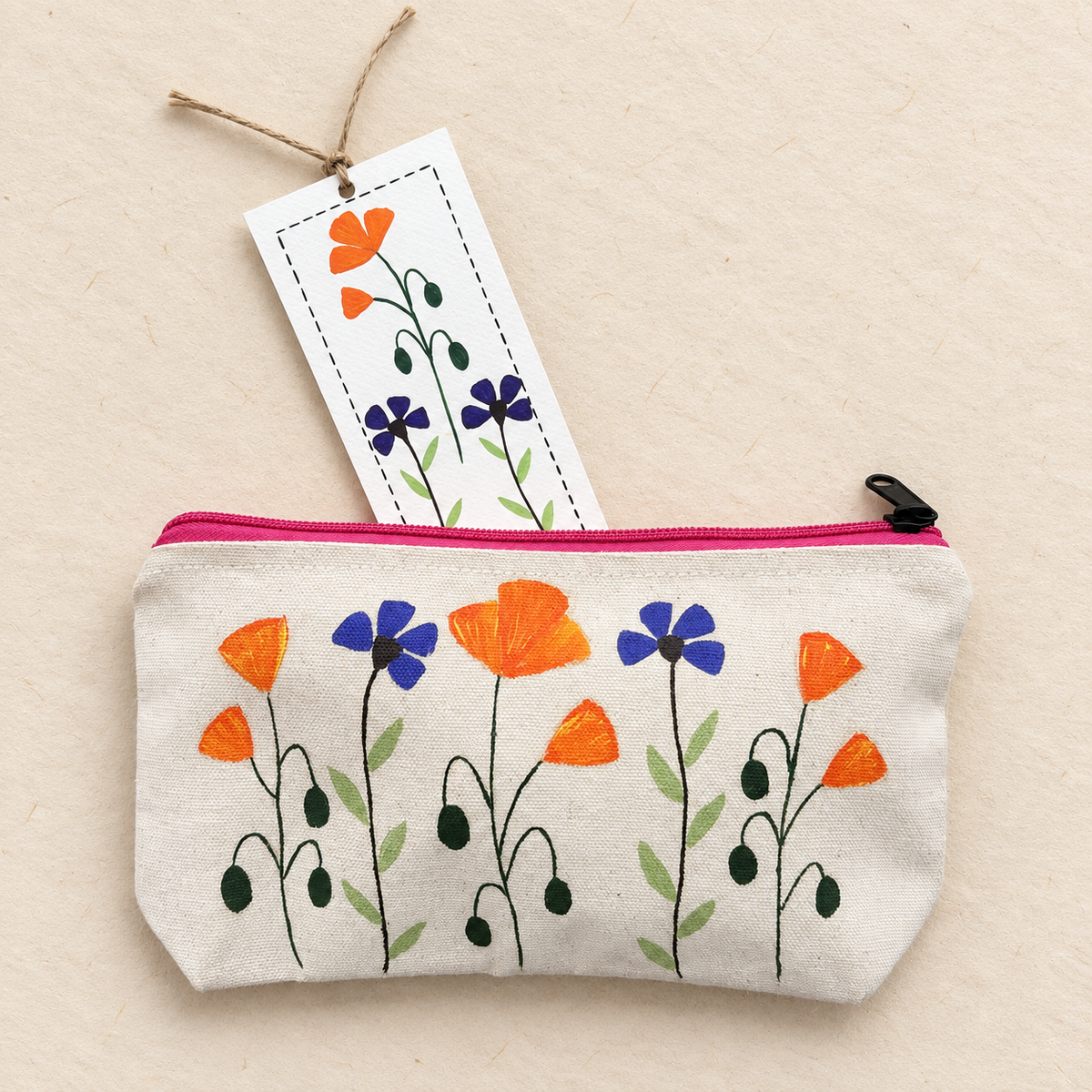 Wild Poppy Garden Hand Painted Canvas Pouch & Bookmark Set