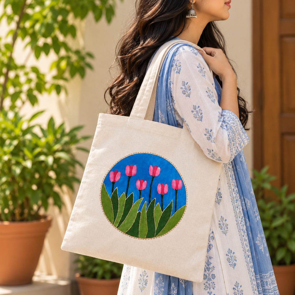 Tulip Meadow Hand Painted Tote Bag