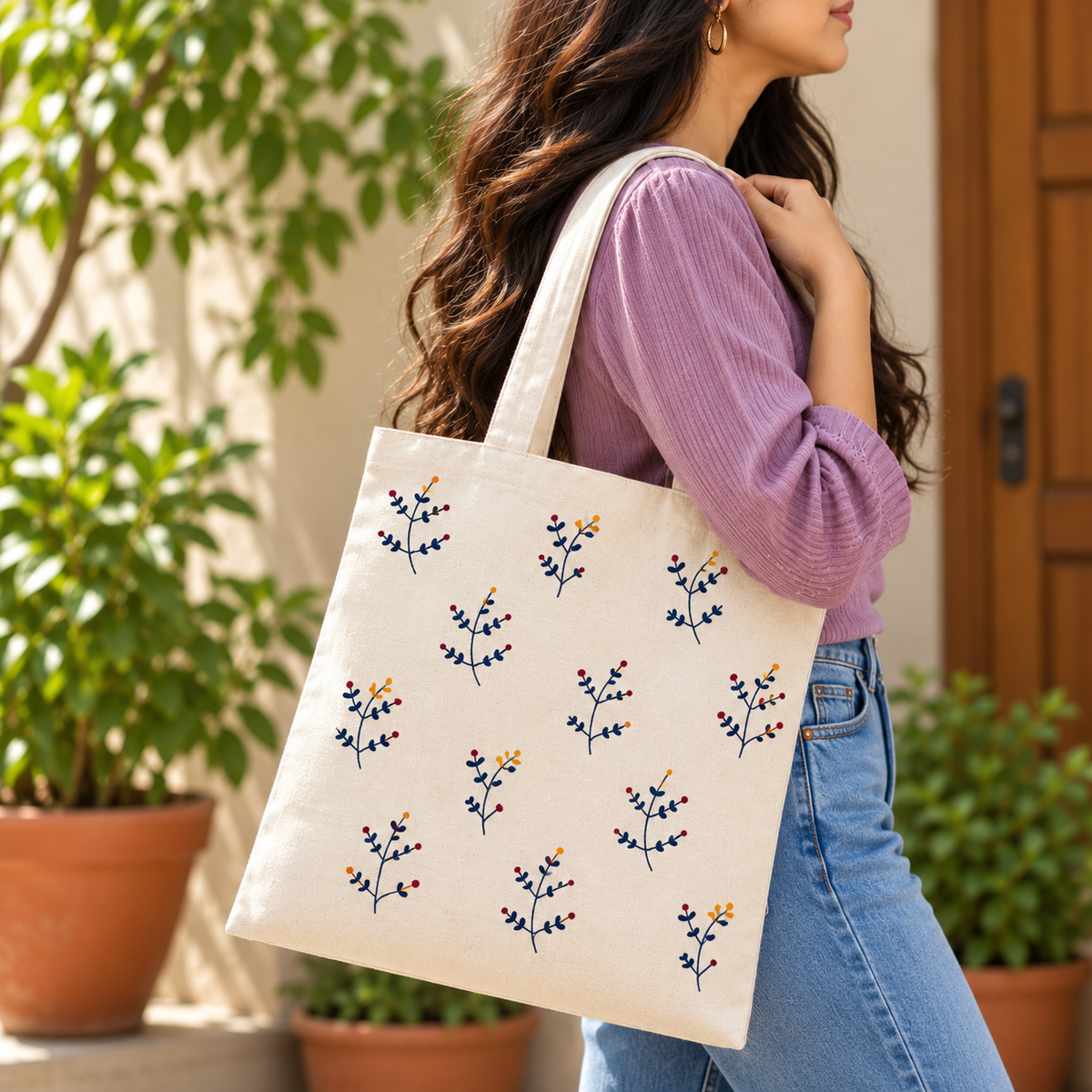 Wild Berry Sprig Hand Painted Tote Bag & Pouch Set