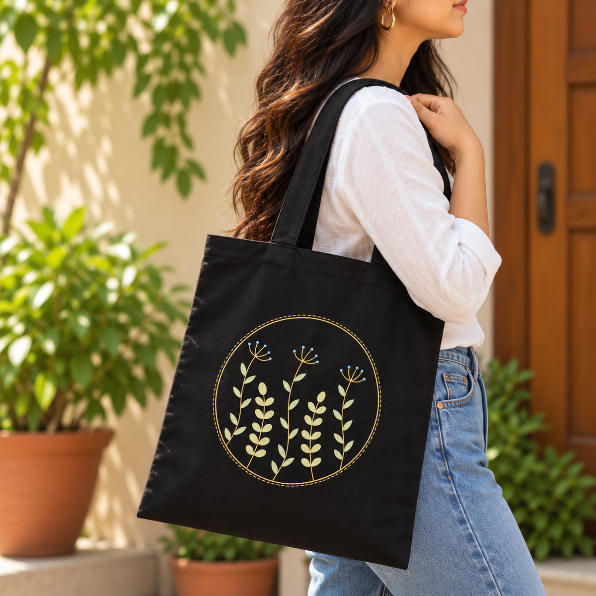 Golden Grove  Hand Painted Black Tote