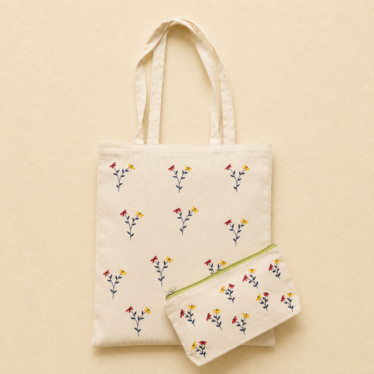 Sunlit Wildflowers Hand Painted Tote Bag & Pouch Set
