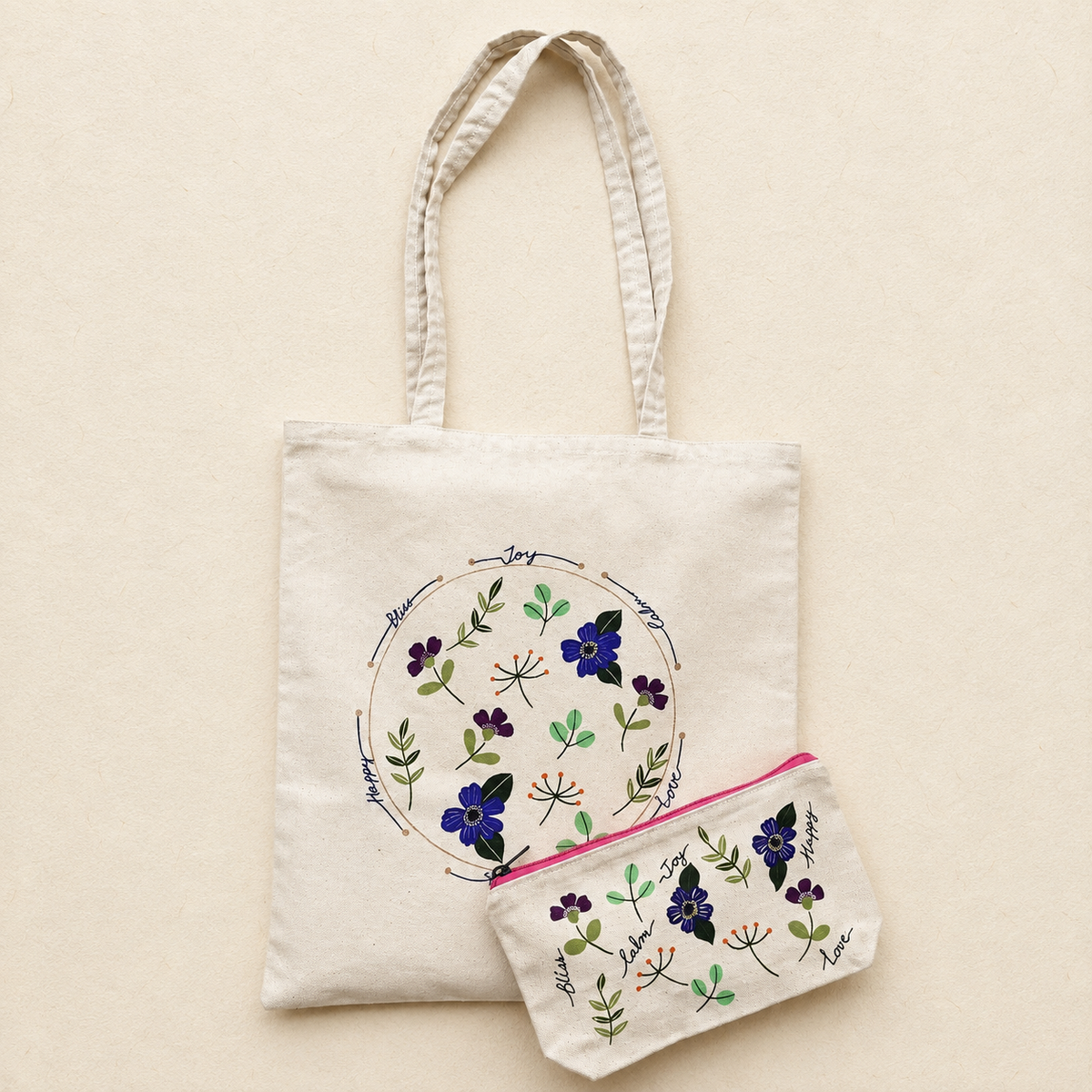 The Little Joys Hand Painted Tote Bag & Pouch Set
