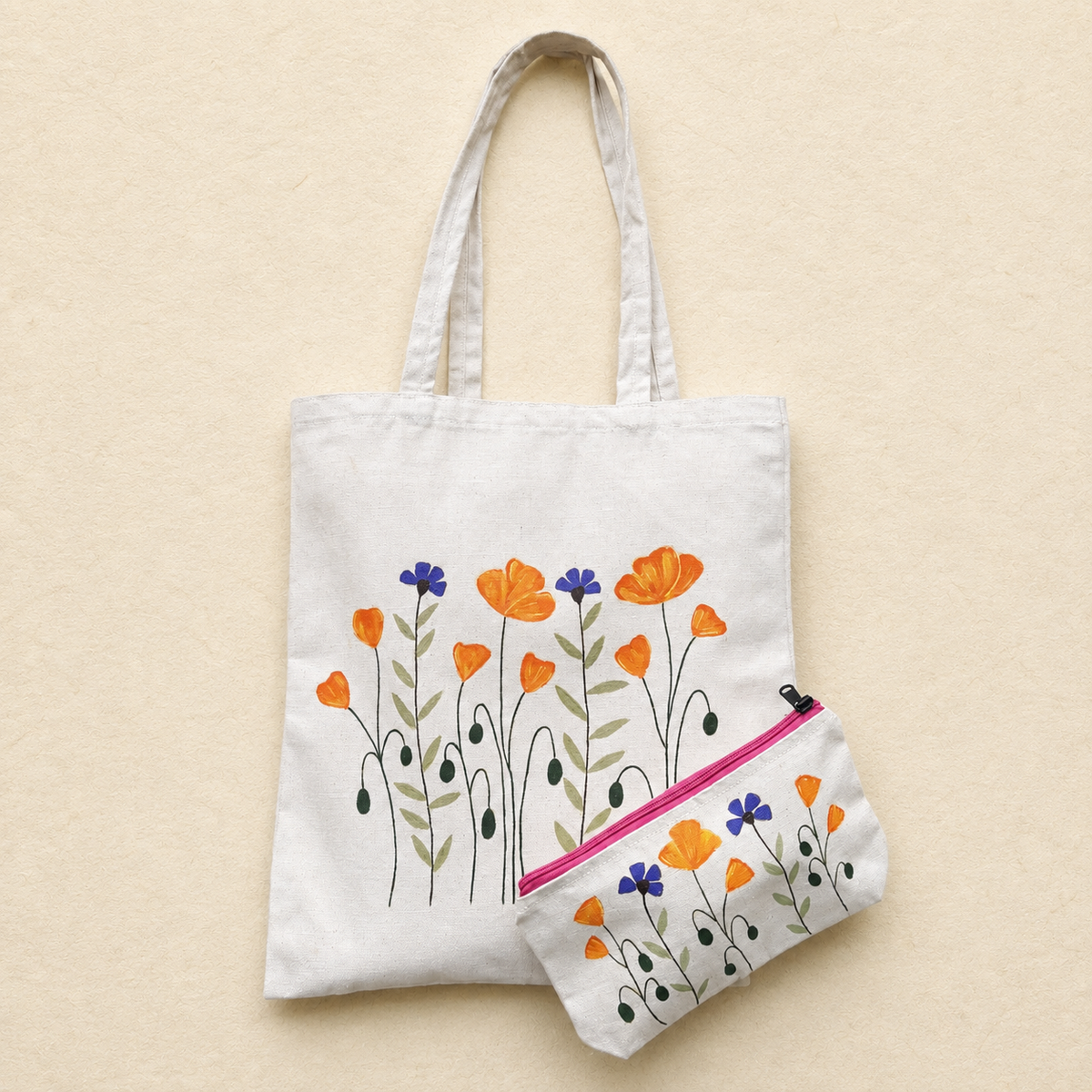 Meadow Bloom Hand Painted Tote Bag & Pouch Set