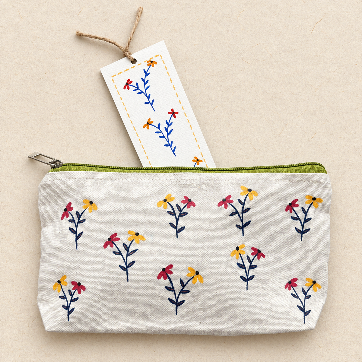 Sunlit Wildflowers – Hand-painted Canvas Pouch & Bookmark Set