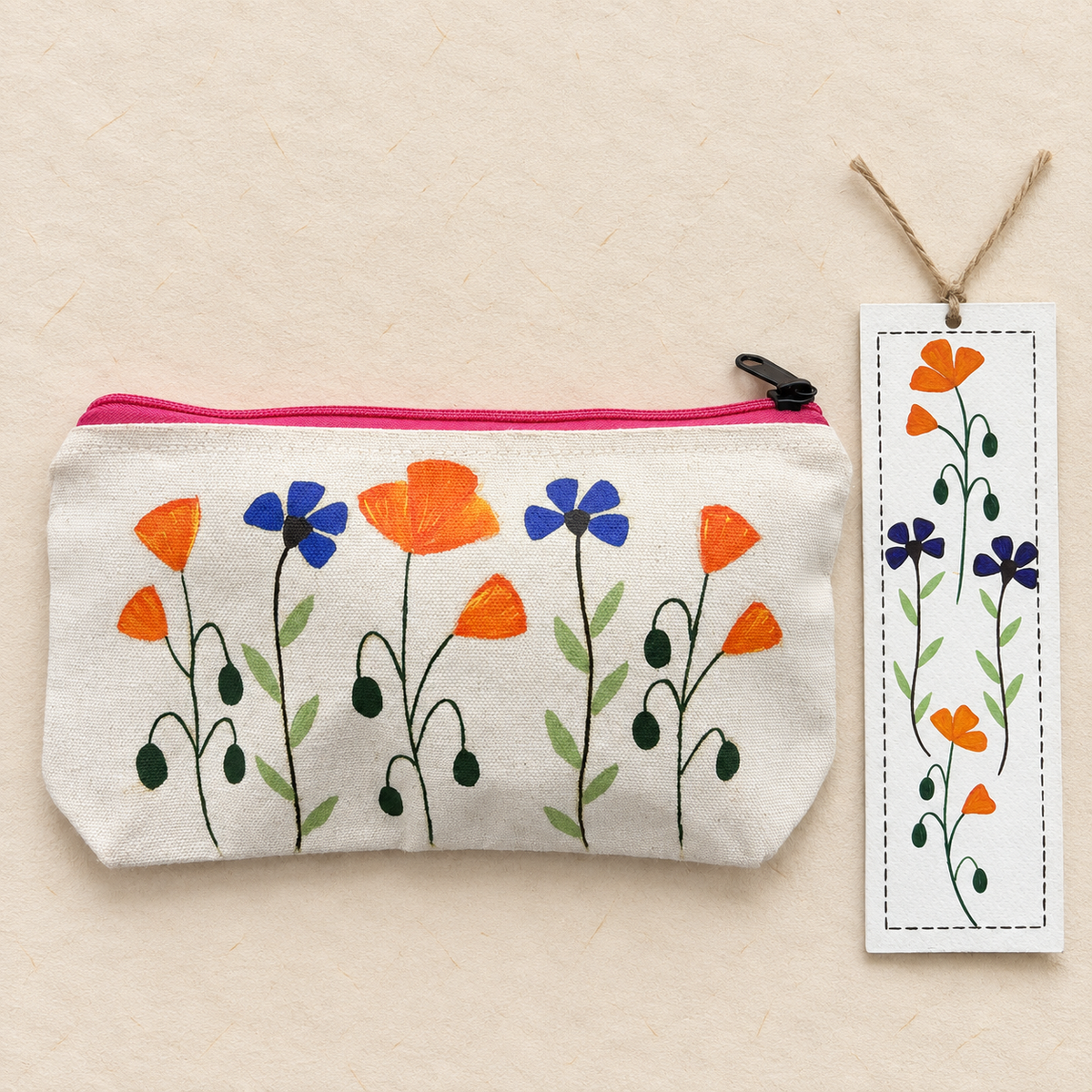Wild Poppy Garden Hand Painted Canvas Pouch & Bookmark Set