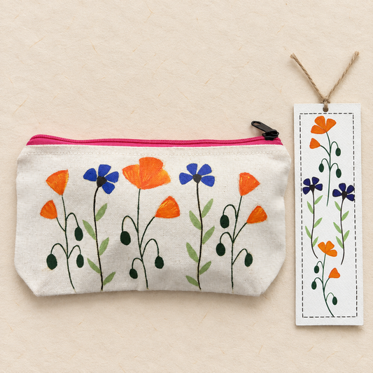 Wild Poppy Garden Hand Painted Canvas Pouch & Bookmark Set