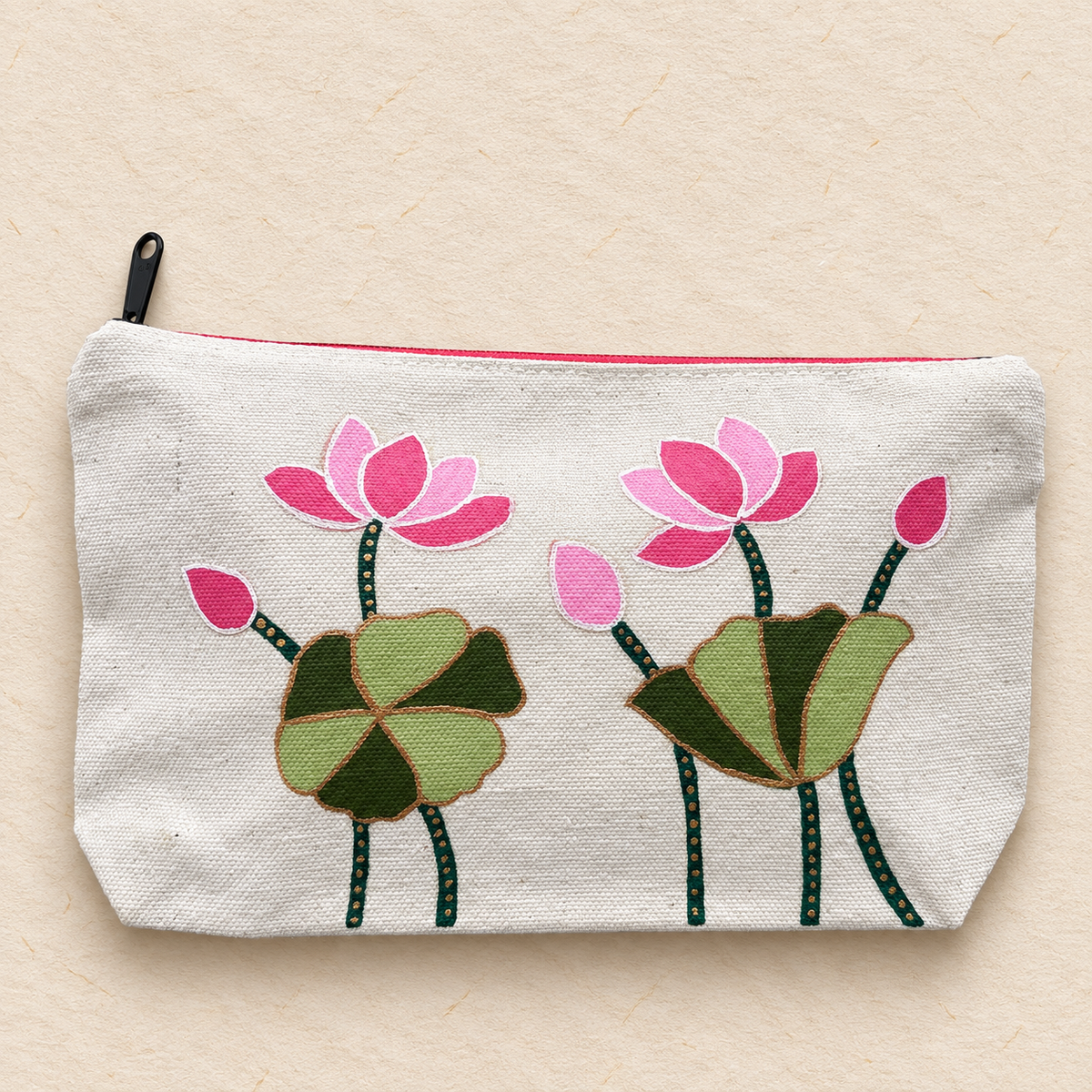 Lotus Bloom Hand-Painted Pouch & Bookmark Set