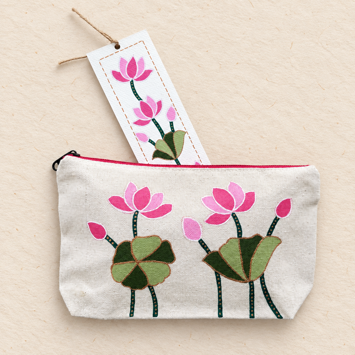 Lotus Bloom Hand-Painted Pouch & Bookmark Set