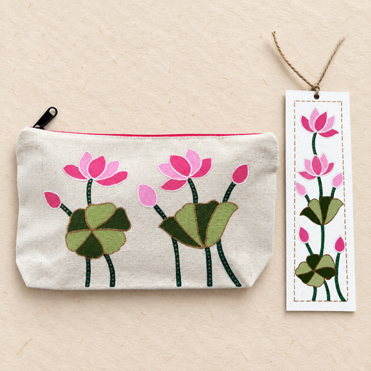 Lotus Bloom Hand-Painted Pouch & Bookmark Set