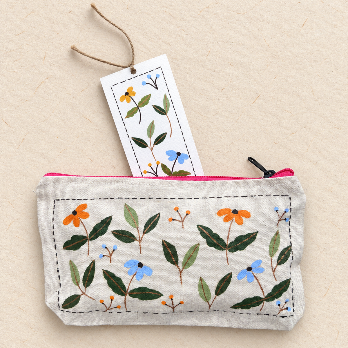 Wild Flower Meadow Hand-Painted Canvas Pouch & Bookmark Set