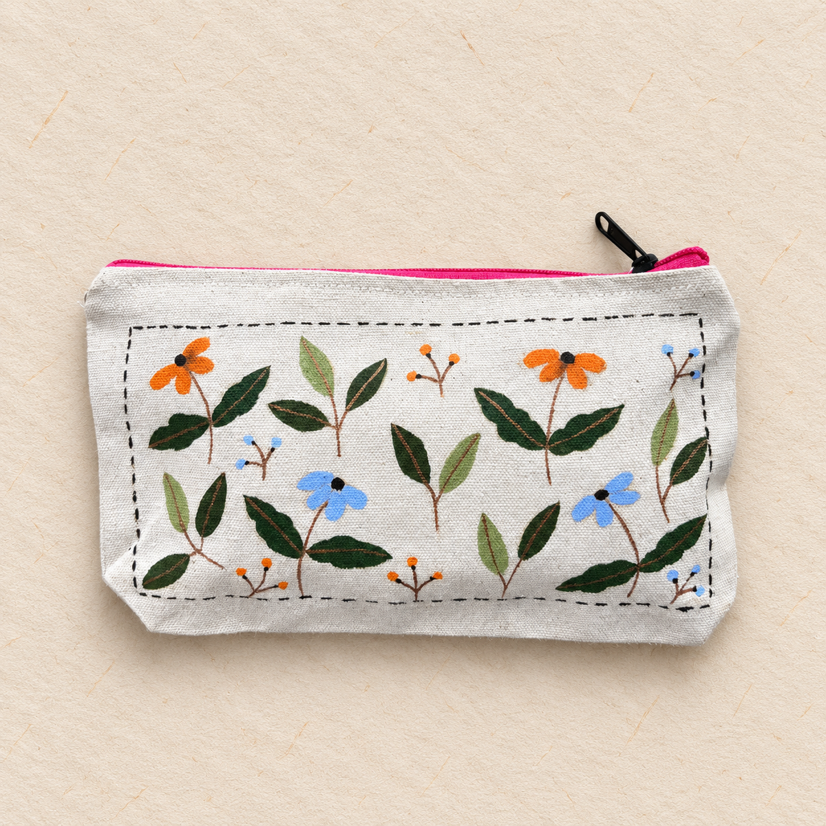 Wild Flower Meadow Hand-Painted Canvas Pouch & Bookmark Set