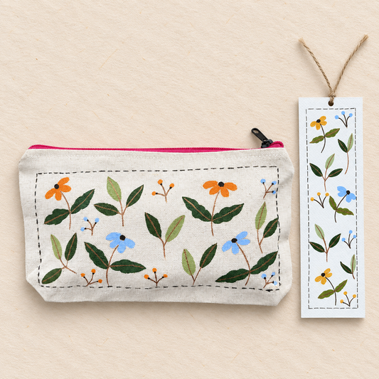 Wild Flower Meadow Hand-Painted Canvas Pouch & Bookmark Set
