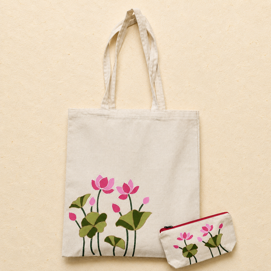 Lotus Bloom Hand Painted Tote Bag & Pouch Set