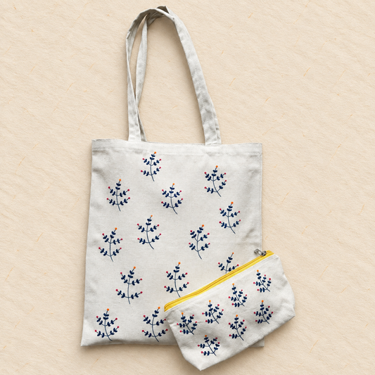 Wild Berry Sprig Hand Painted Tote Bag & Pouch Set
