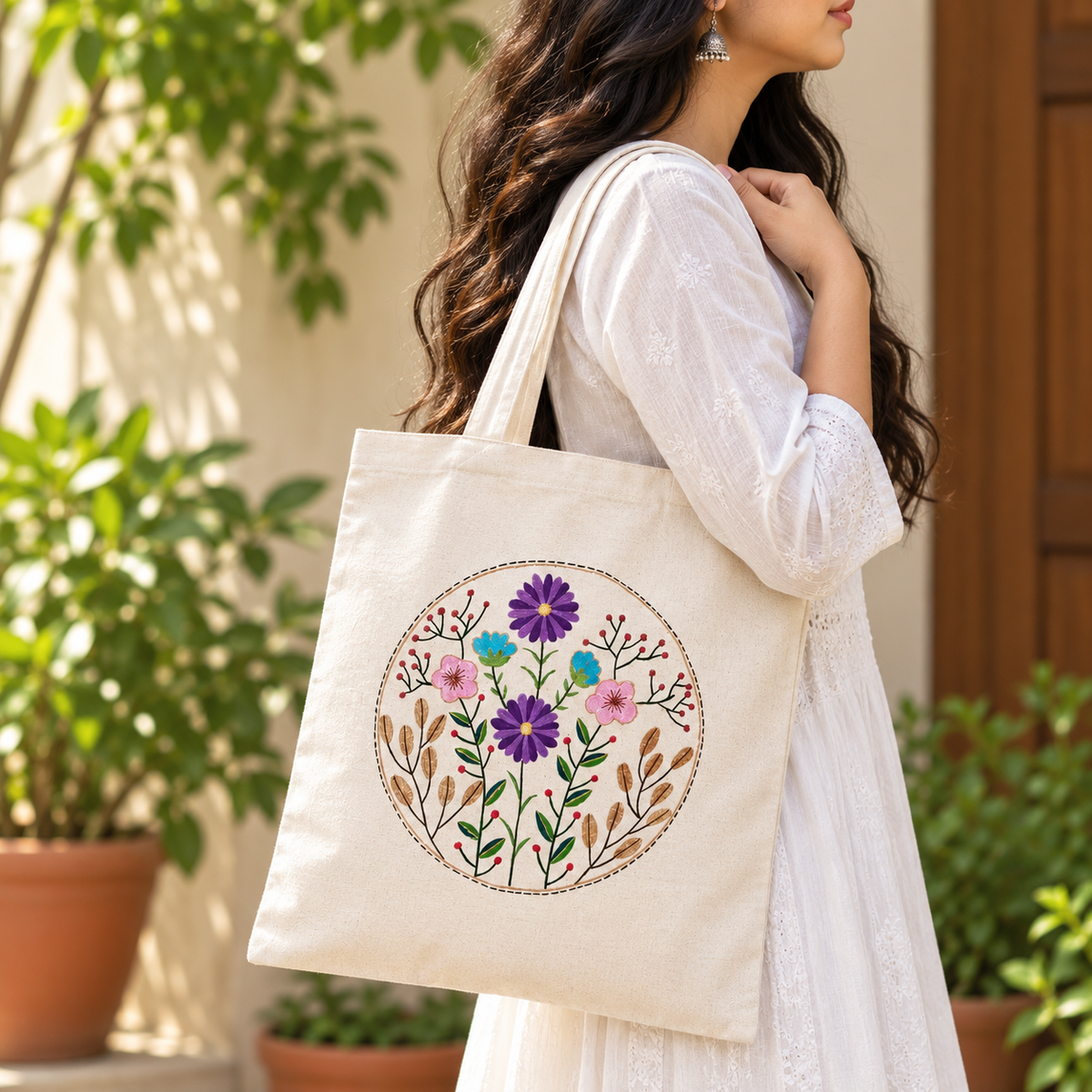 Petal Poetry Hand Painted Tote Bag