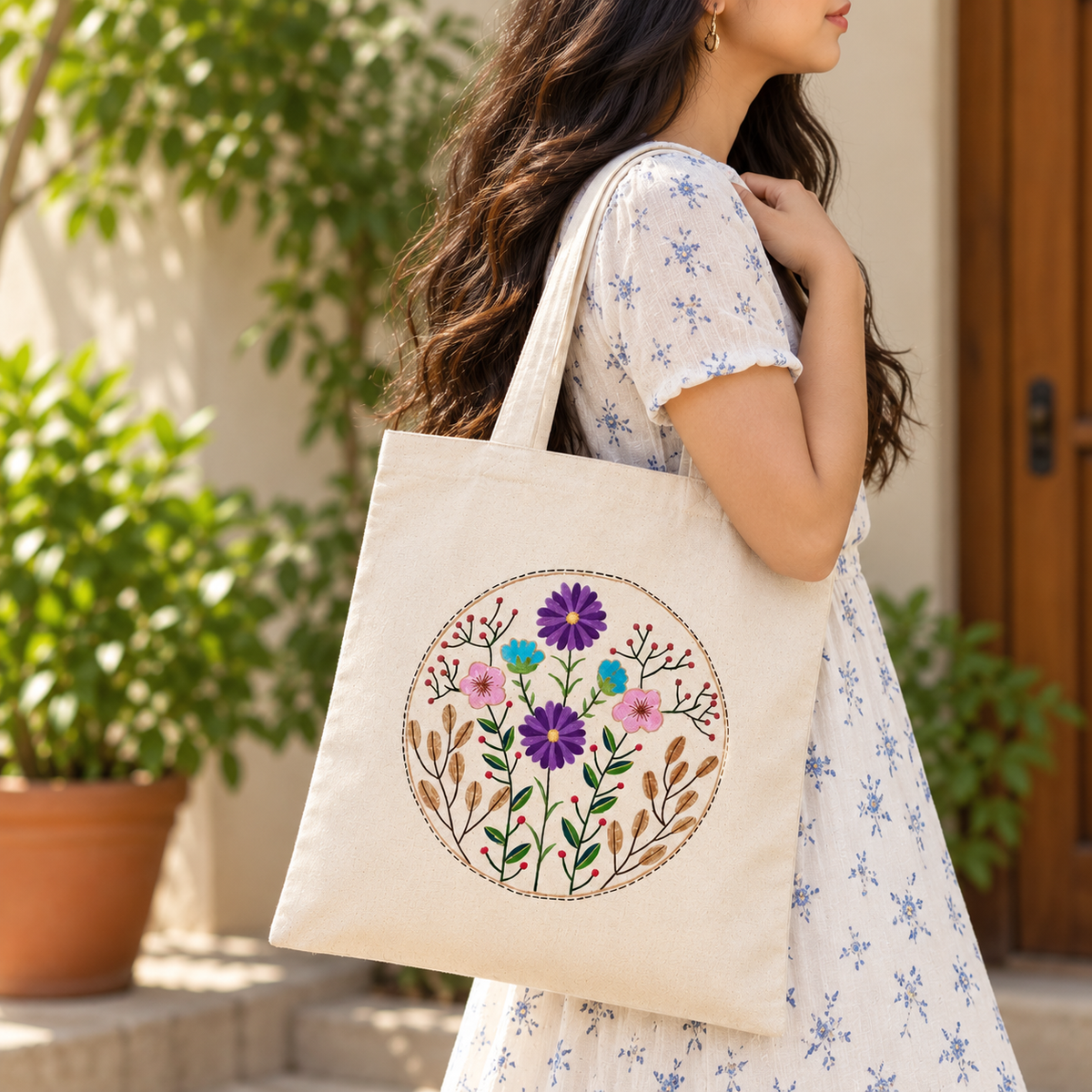 Petal Poetry Hand Painted Tote Bag