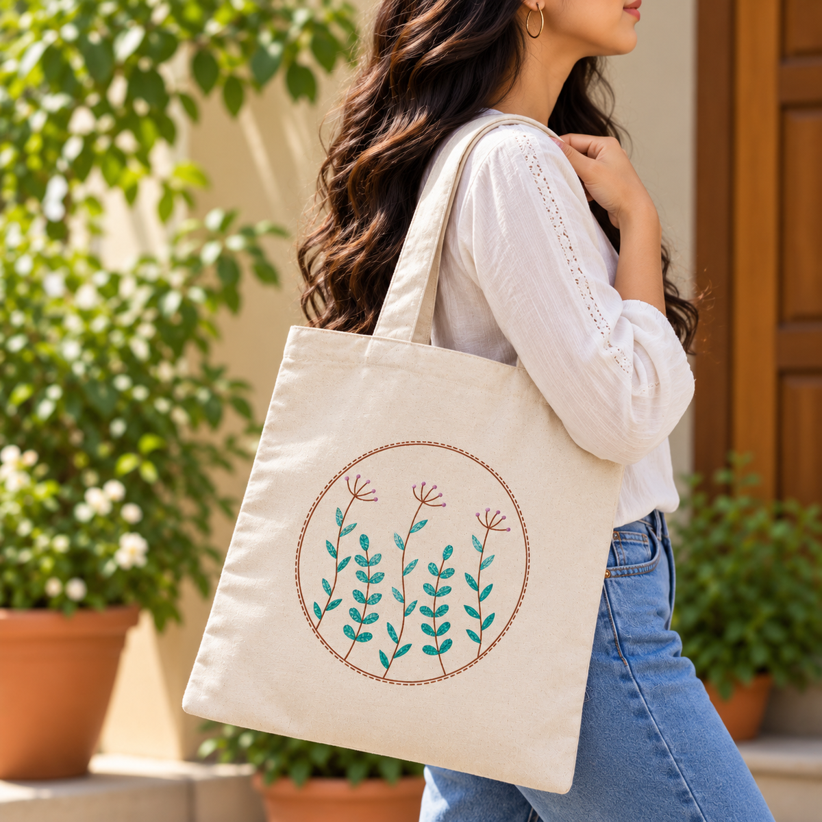 Botanical Serenity Hand Painted Tote Bag